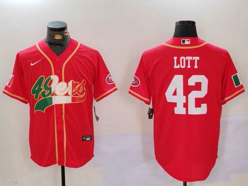 Mens San Francisco 49ers #42 Ronnie Lott Red With Patch Cool Base Stitched Baseball Jerseys